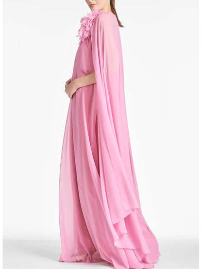 Chiffon Wedding Guest Dress with Shoulder Flower in A-Line Floor-Length Sleeveless Jewel Neck