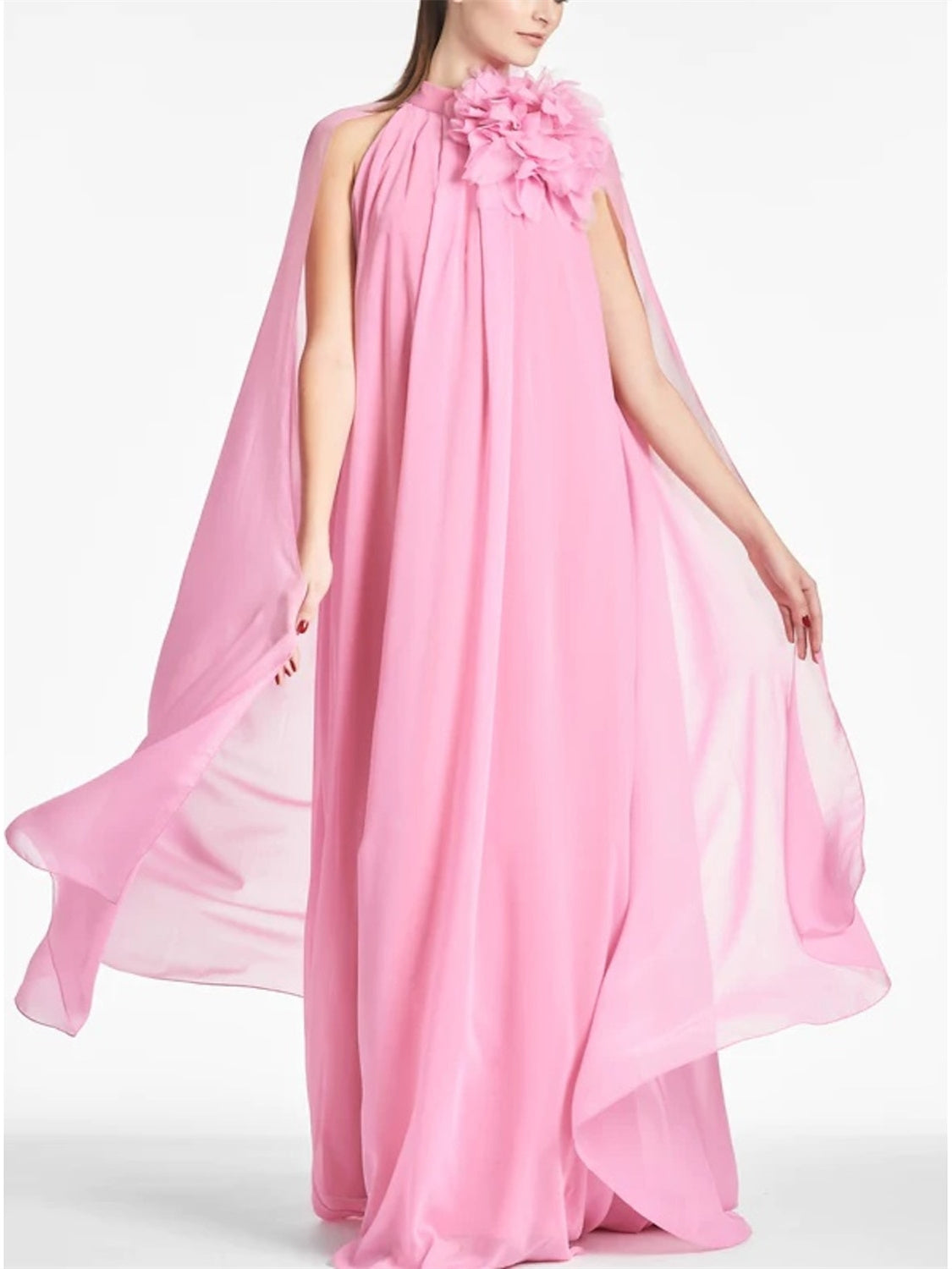 Chiffon Wedding Guest Dress with Shoulder Flower in A-Line Floor-Length Sleeveless Jewel Neck