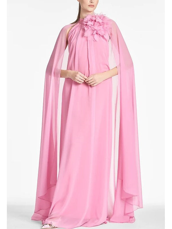 Chiffon Wedding Guest Dress with Shoulder Flower in A-Line Floor-Length Sleeveless Jewel Neck