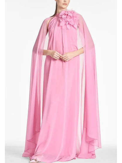 Chiffon Wedding Guest Dress with Shoulder Flower in A-Line Floor-Length Sleeveless Jewel Neck