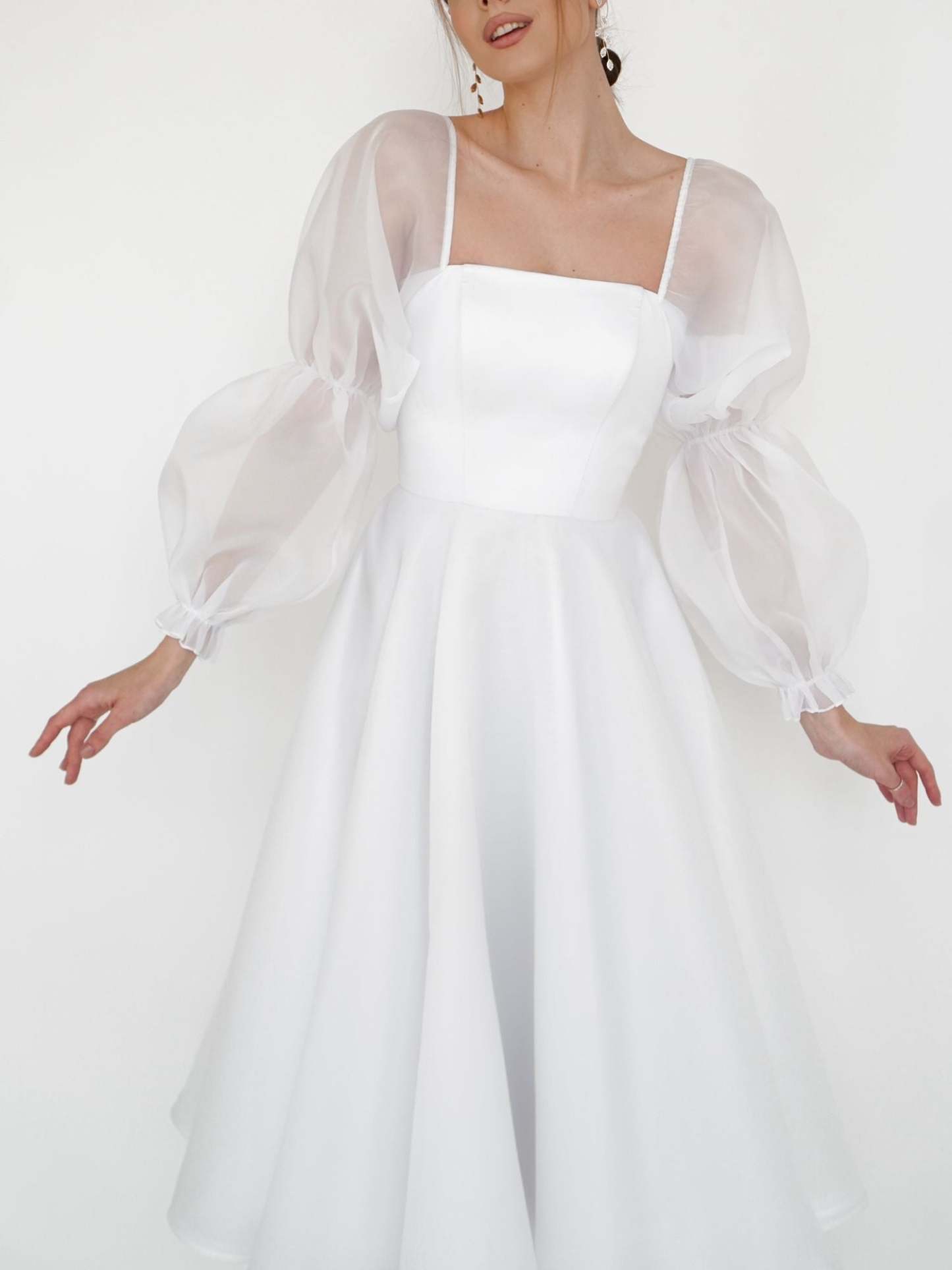 Princess A-Line Scoop Neck Tea-Length Wedding Gown with Lace Sleeves