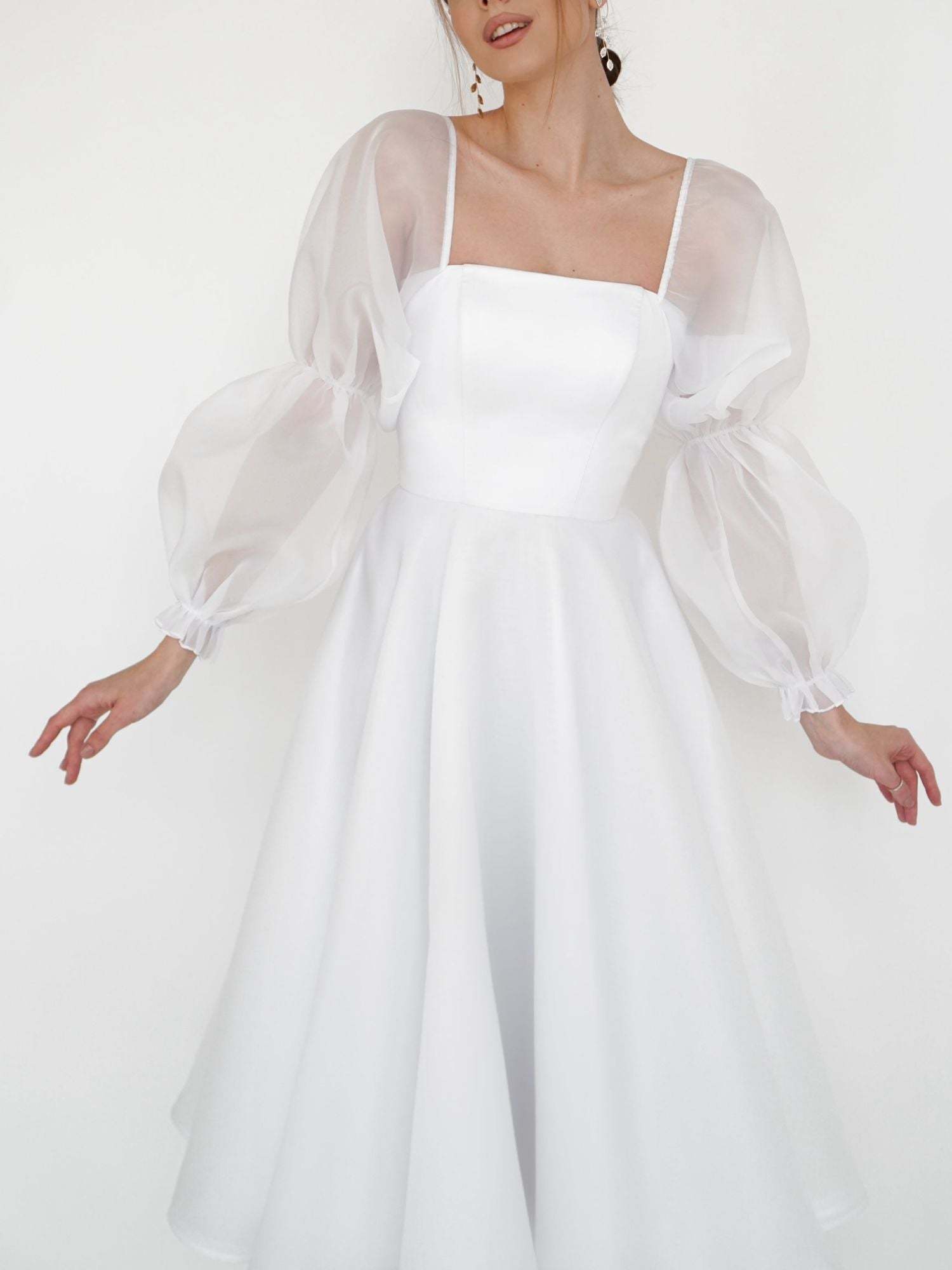 Princess A-Line Scoop Neck Tea-Length Wedding Gown with Lace Sleeves