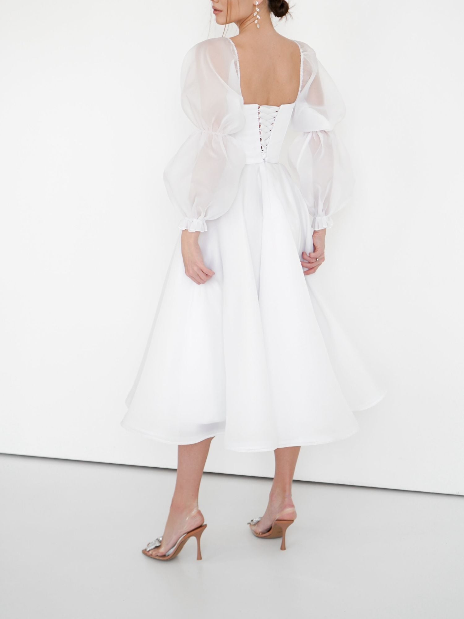 Princess A-Line Scoop Neck Tea-Length Wedding Gown with Lace Sleeves