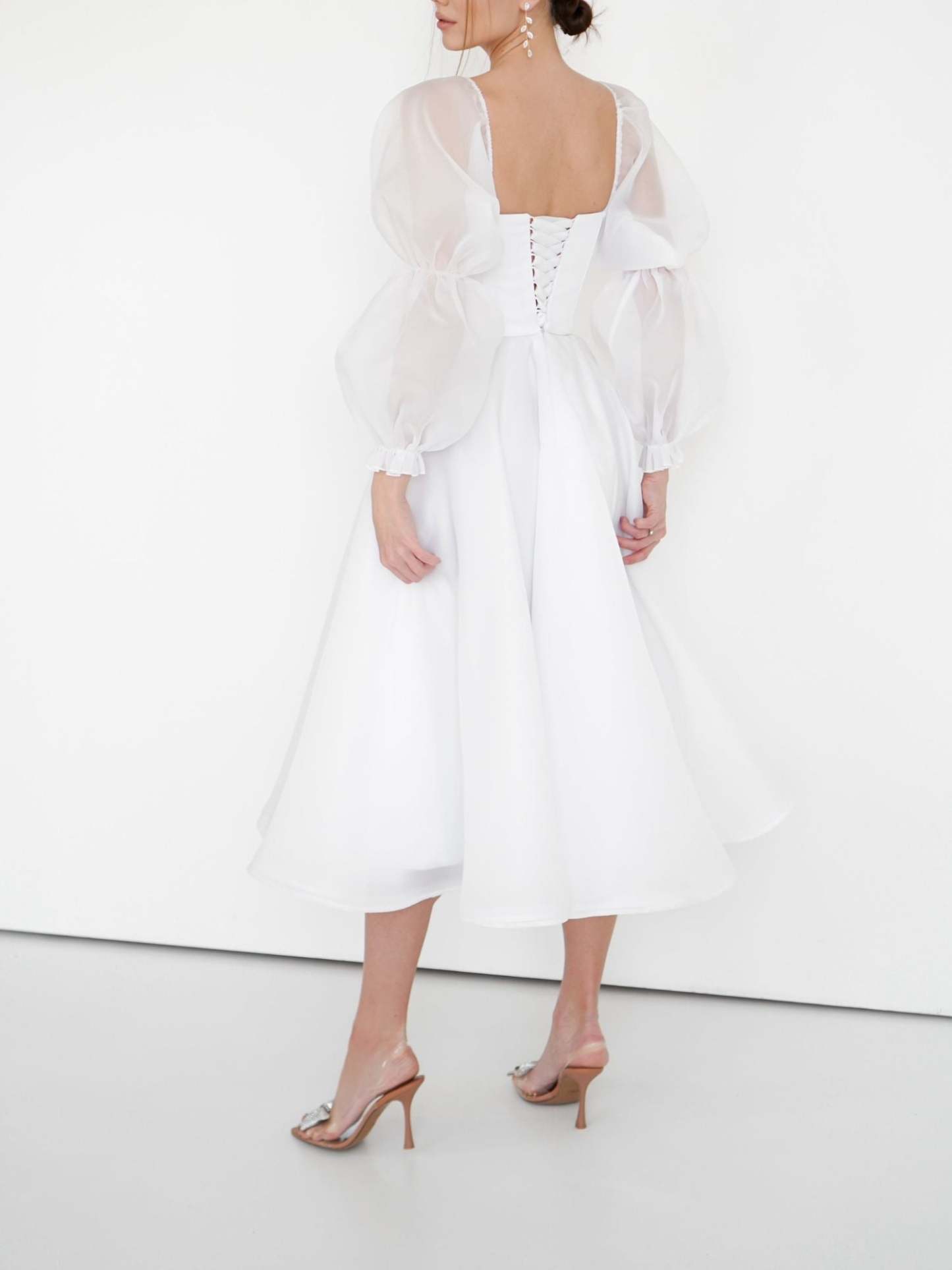 Princess A-Line Scoop Neck Tea-Length Wedding Gown with Lace Sleeves