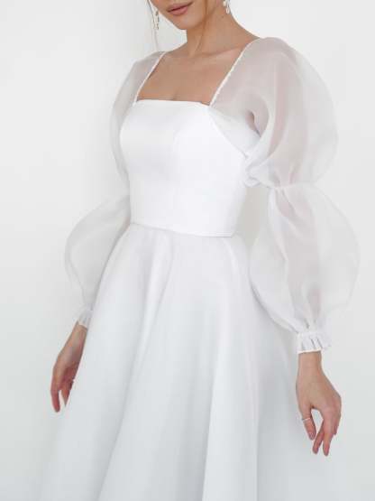 Princess A-Line Scoop Neck Tea-Length Wedding Gown with Lace Sleeves