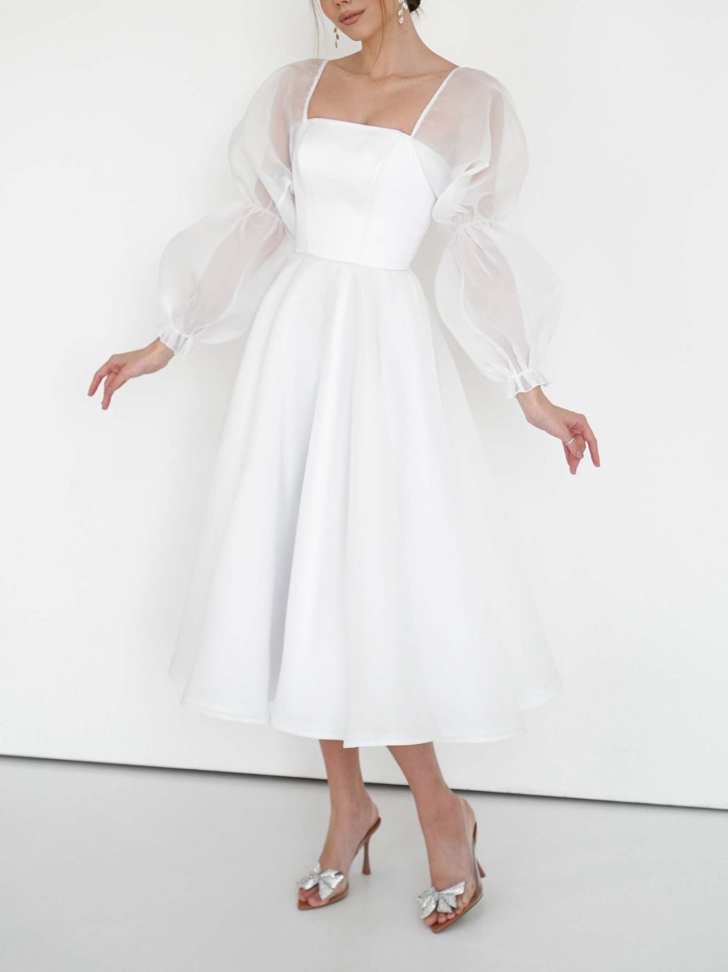 Princess A-Line Scoop Neck Tea-Length Wedding Gown with Lace Sleeves