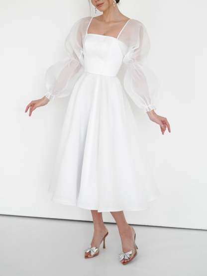 Princess A-Line Scoop Neck Tea-Length Wedding Gown with Lace Sleeves