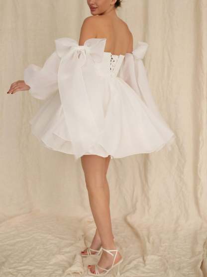 Mini Off-The-Shoulder A-Line Wedding Dress with Long Sleeves and Bow