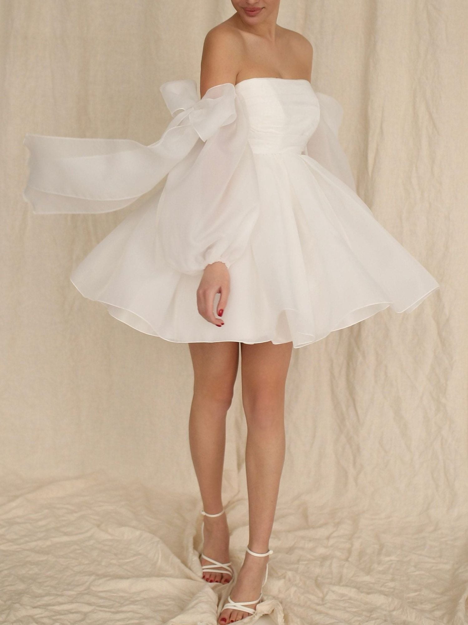 Mini Off-The-Shoulder A-Line Wedding Dress with Long Sleeves and Bow