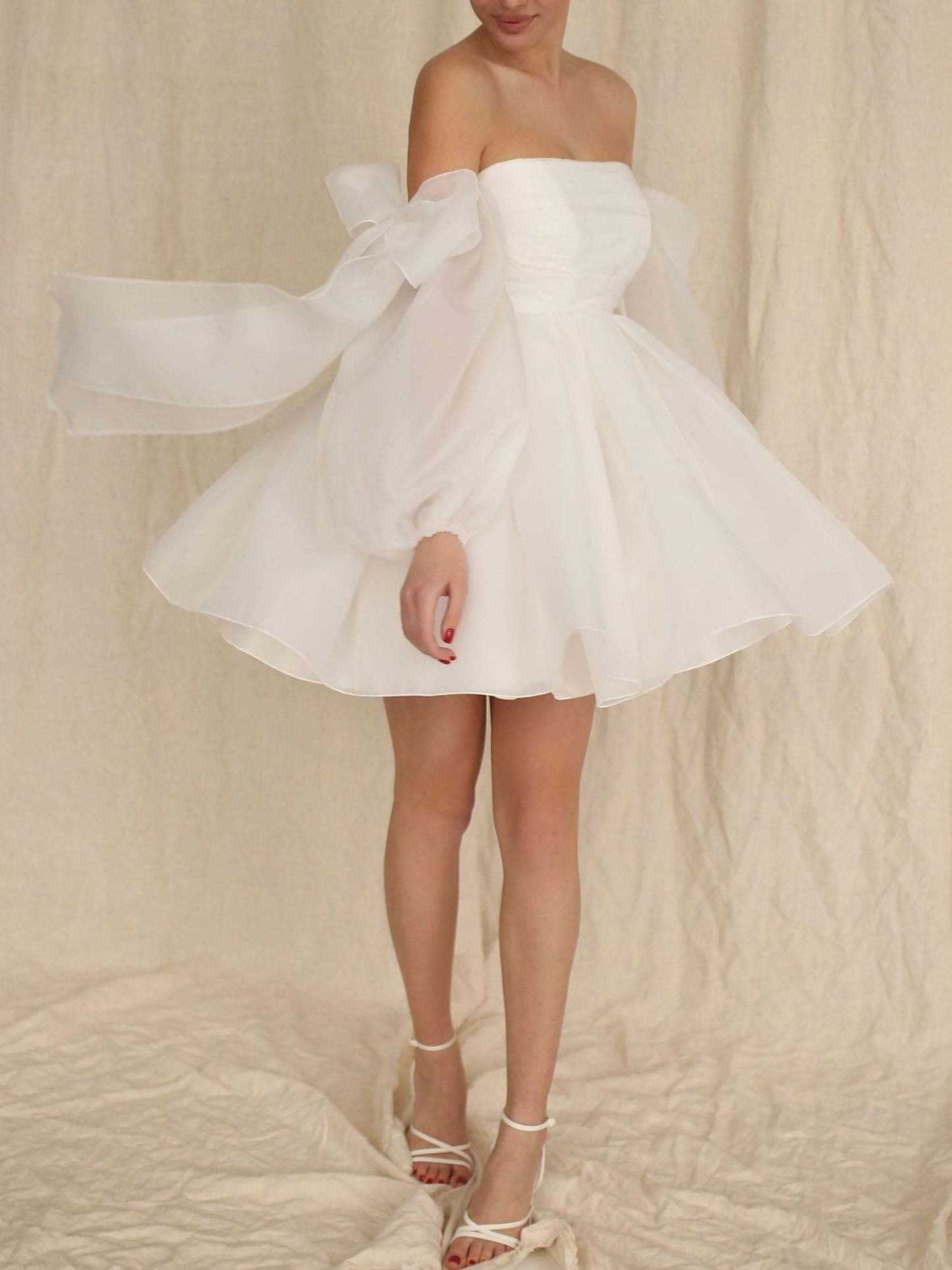 Mini Off-The-Shoulder A-Line Wedding Dress with Long Sleeves and Bow
