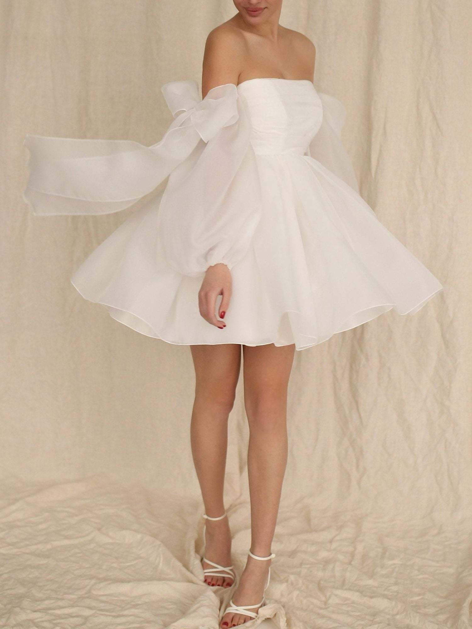 Mini Off-The-Shoulder A-Line Wedding Dress with Long Sleeves and Bow