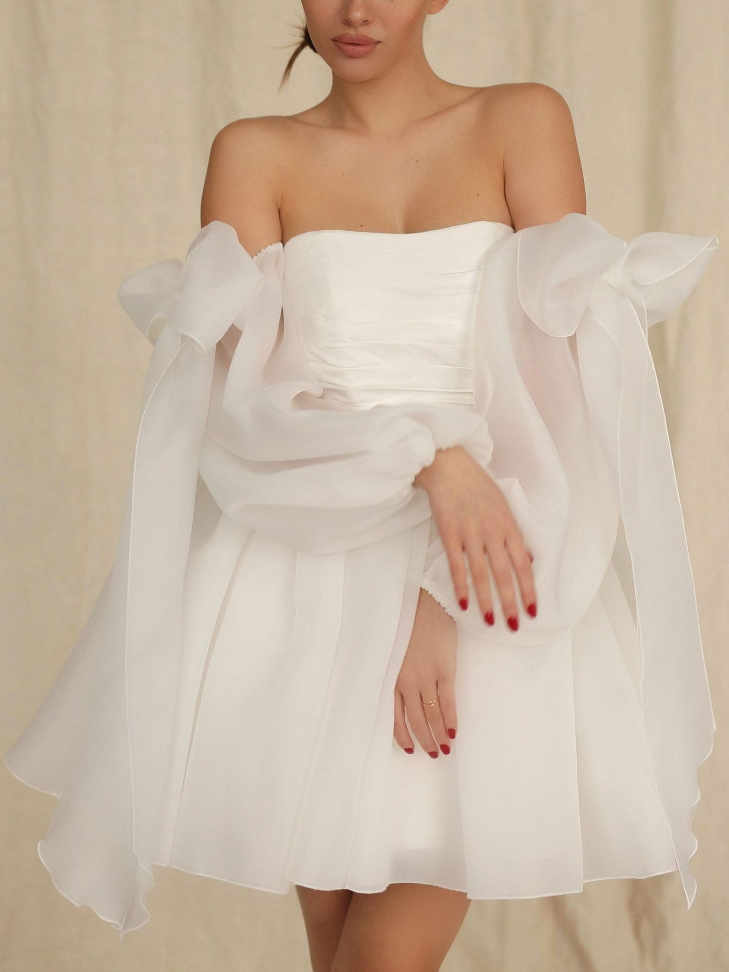 Mini Off-The-Shoulder A-Line Wedding Dress with Long Sleeves and Bow