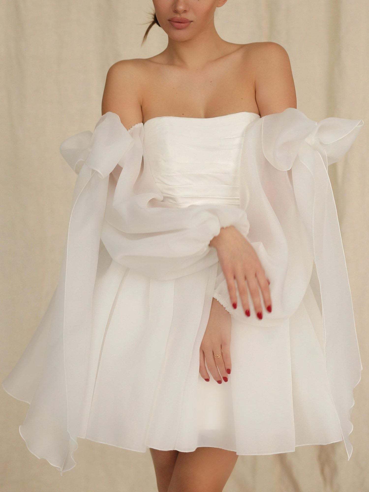 Mini Off-The-Shoulder A-Line Wedding Dress with Long Sleeves and Bow