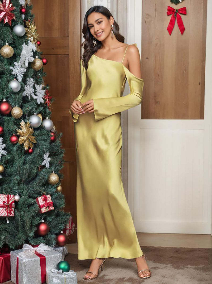 One-shoulder Ankle-length Sheath/Column Dress with Long Sleeves for Wedding Guests