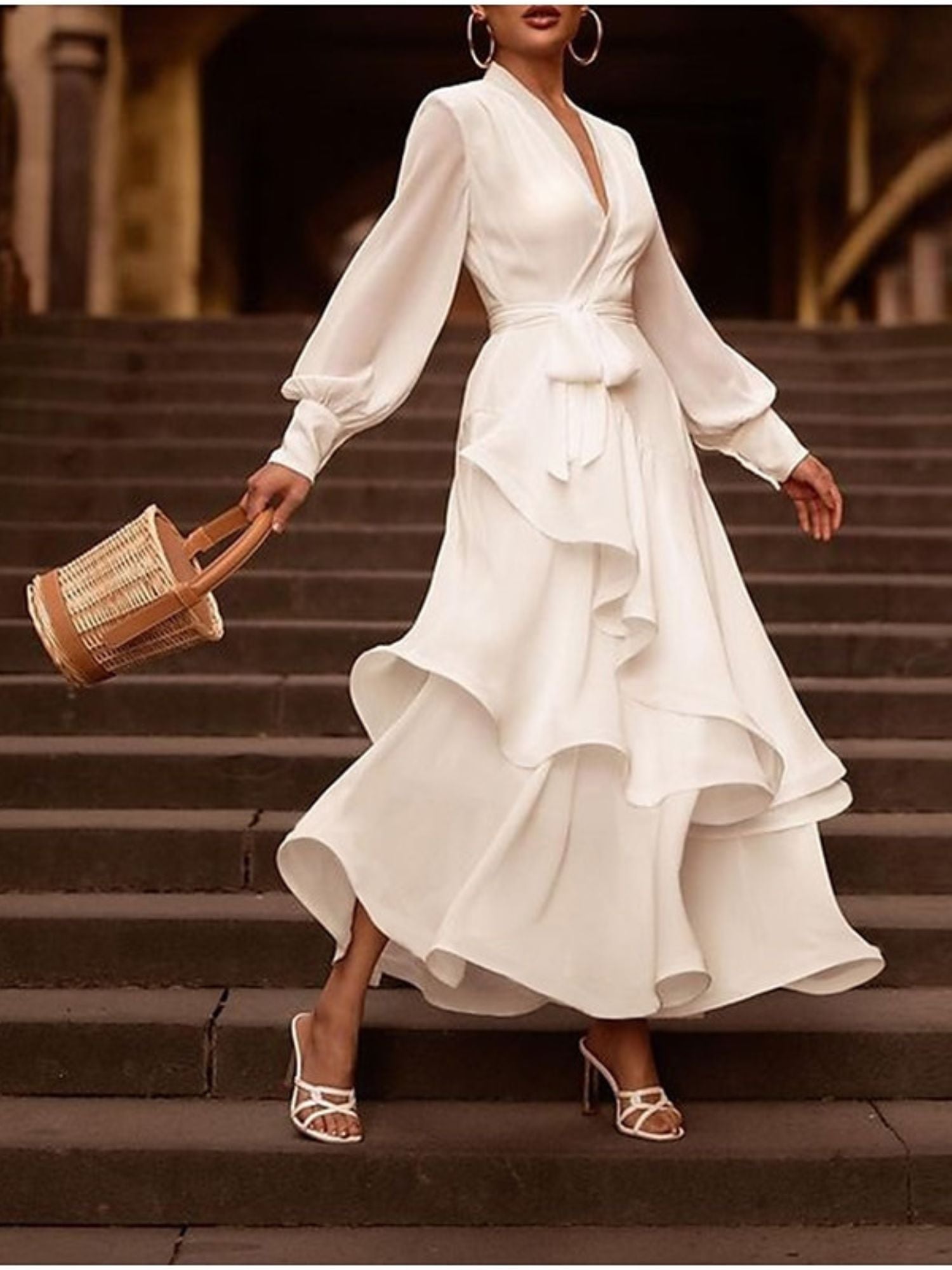 V-Neck A-Line Princess Wedding Dress with Long Sleeves and Asymmetrical Ruffles