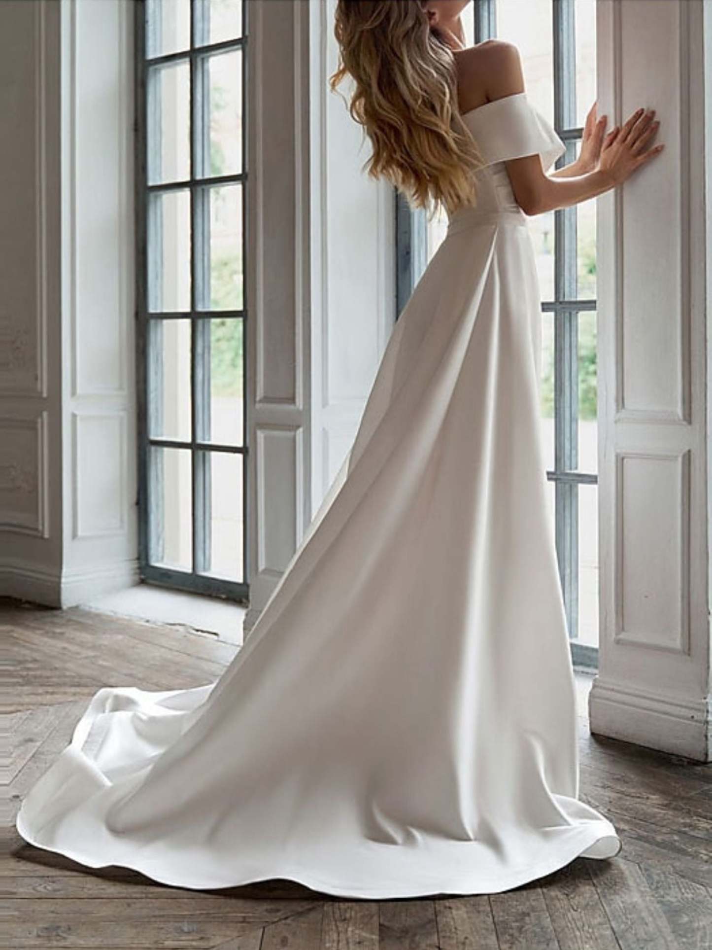 Elegant Off-the-Shoulder Wedding Dress with Short Sleeves and Ruffle Sheath