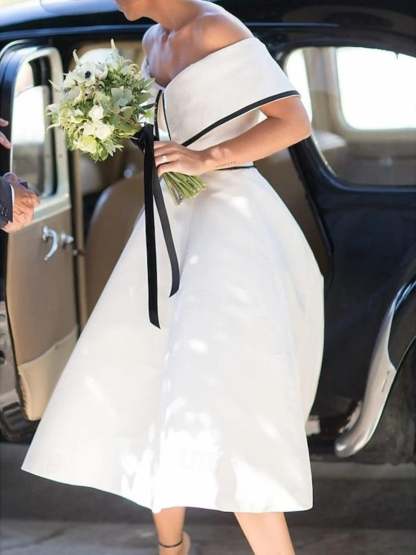 Classical Simple Tea-Length Wedding Dress with Off-the-Shoulder Short Sleeves in A-Line/Princess Style-BMbridal.UK