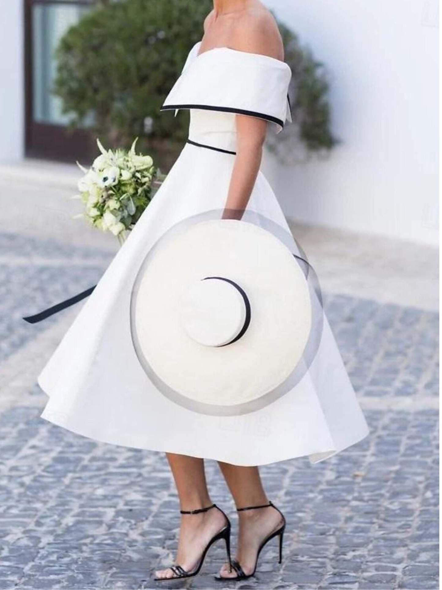 Classical Simple Tea-Length Wedding Dress with Off-the-Shoulder Short Sleeves in A-Line/Princess Style-BMbridal.UK