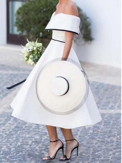 Classical Simple Tea-Length Wedding Dress with Off-the-Shoulder Short Sleeves in A-Line/Princess Style-BMbridal.UK