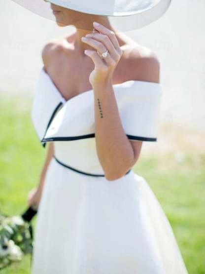 Classical Simple Tea-Length Wedding Dress with Off-the-Shoulder Short Sleeves in A-Line/Princess Style-BMbridal.UK