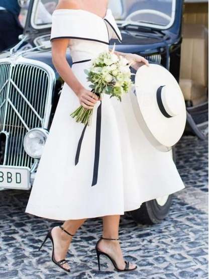 Classical Simple Tea-Length Wedding Dress with Off-the-Shoulder Short Sleeves in A-Line/Princess Style-BMbridal.UK