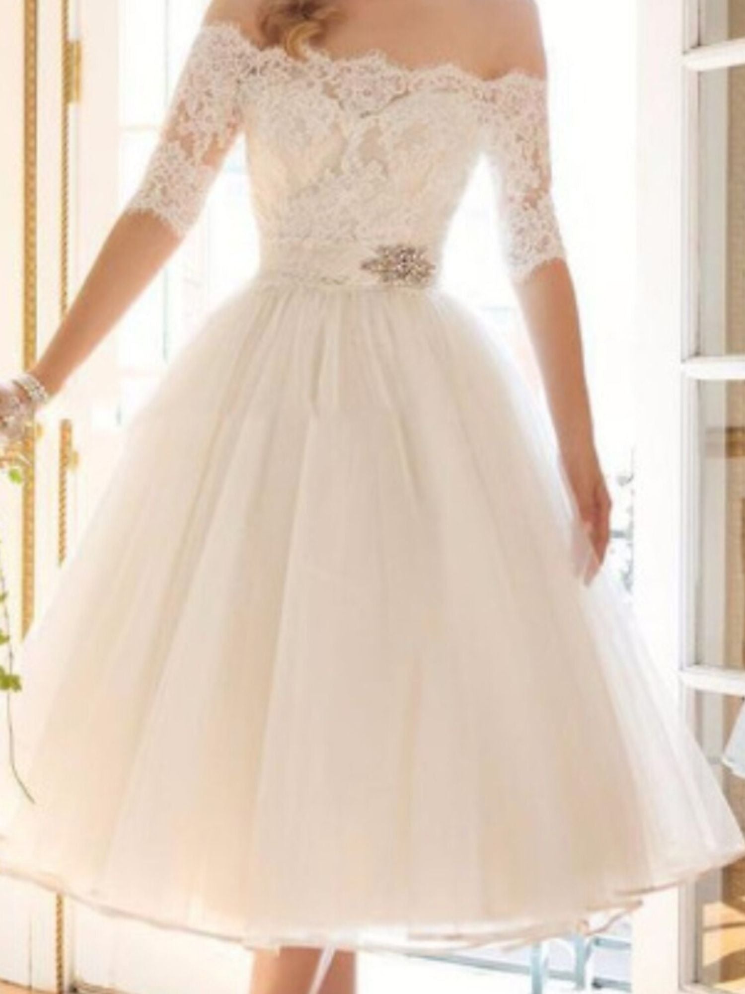 Off-the-shoulder A-Line Princess Wedding Dress with Lace Tulle Half Sleeves and Tea Length Appliques