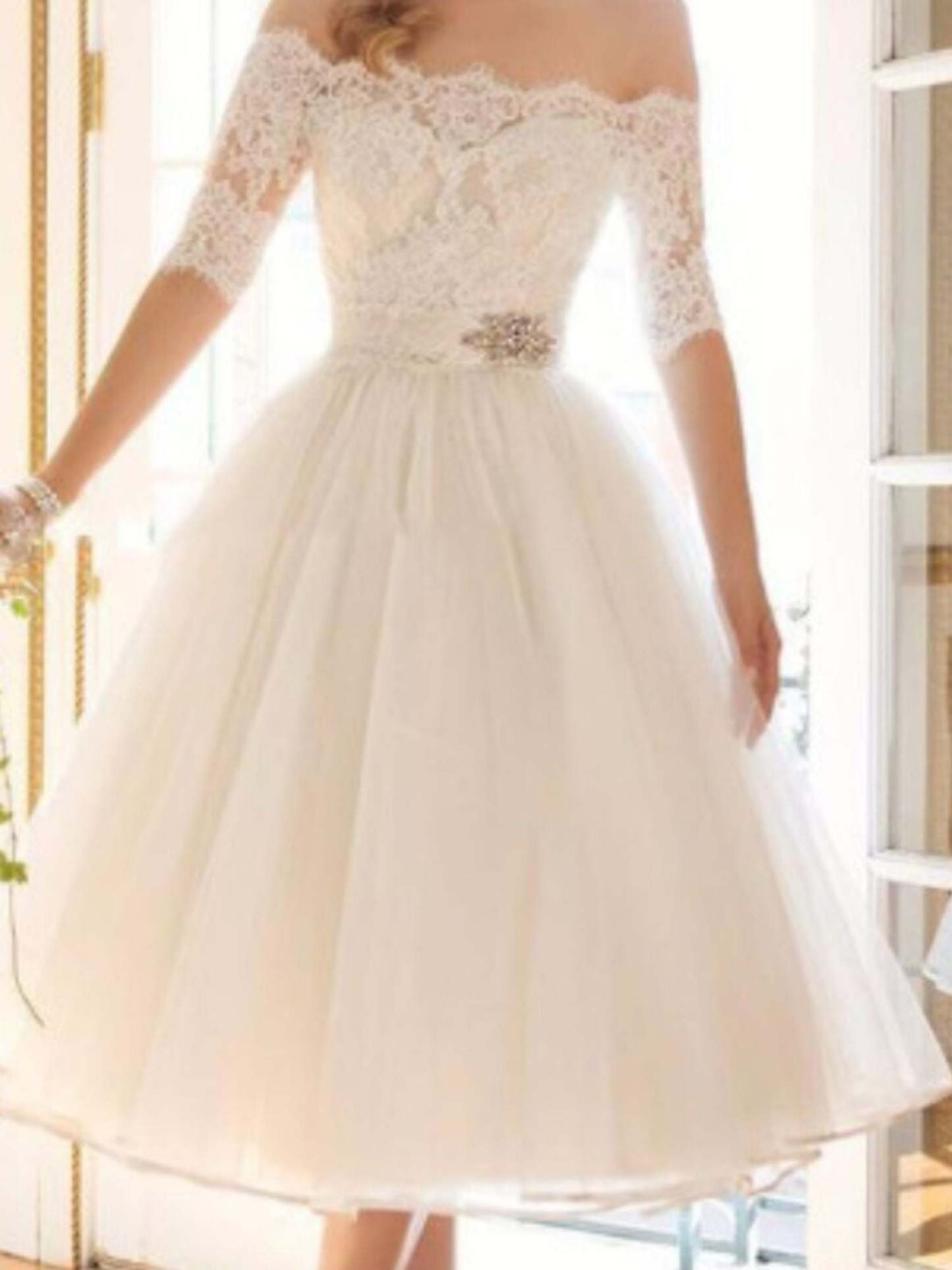Off-the-shoulder A-Line Princess Wedding Dress with Lace Tulle Half Sleeves and Tea Length Appliques