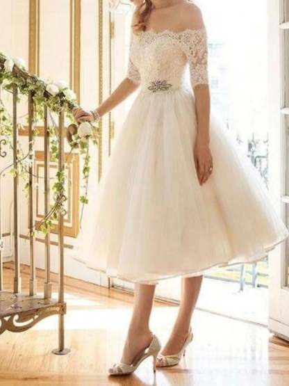 Off-the-shoulder A-Line Princess Wedding Dress with Lace Tulle Half Sleeves and Tea Length Appliques