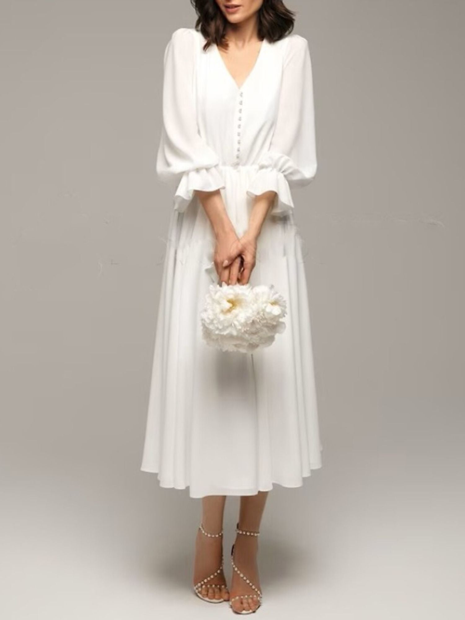 Elegant V-Neck A-Line Wedding Dress with 3/4 Sleeves and Ruffle Details