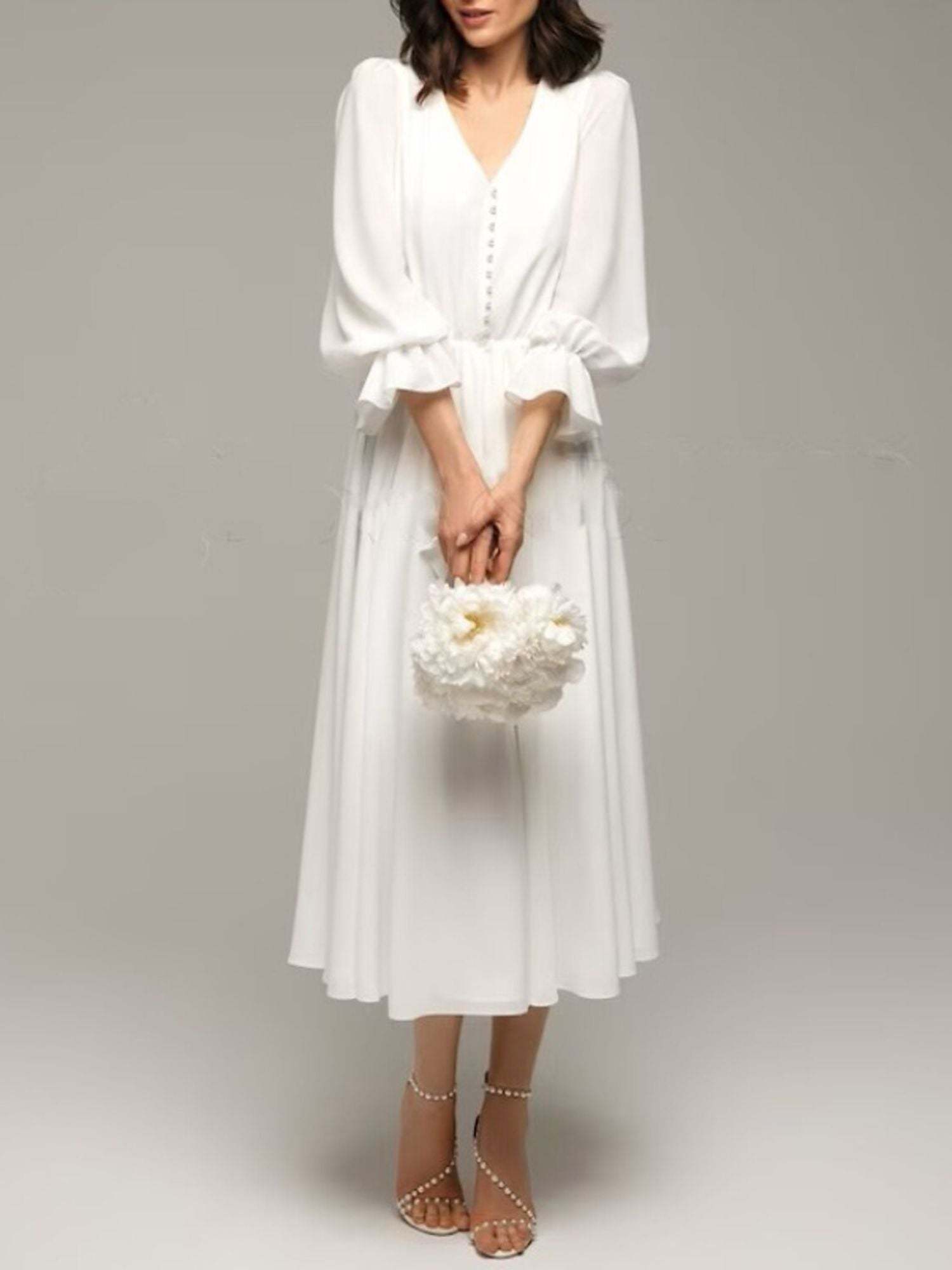 Elegant V-Neck A-Line Wedding Dress with 3/4 Sleeves and Ruffle Details