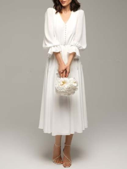 Elegant V-Neck A-Line Wedding Dress with 3/4 Sleeves and Ruffle Details