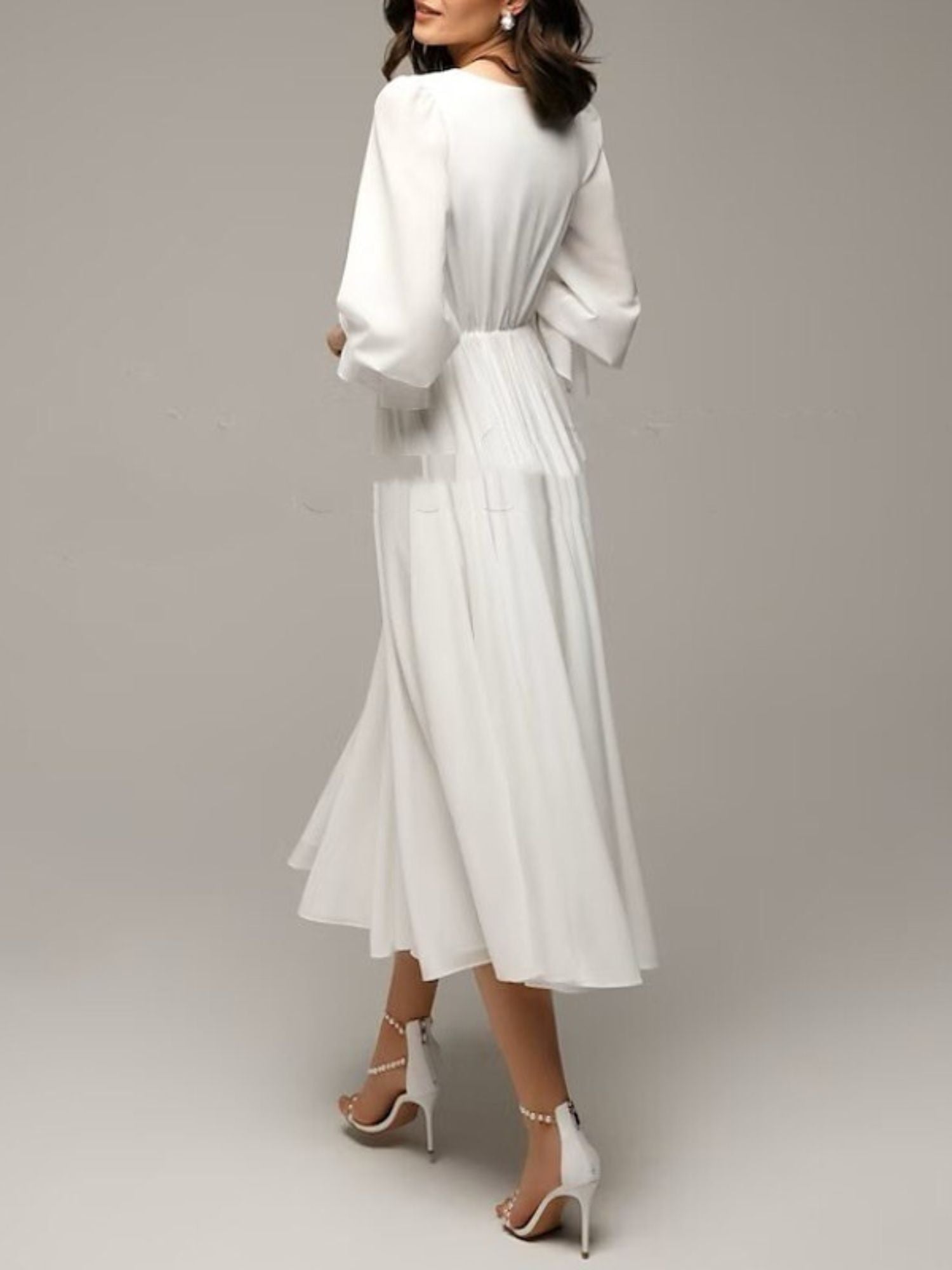 Elegant V-Neck A-Line Wedding Dress with 3/4 Sleeves and Ruffle Details