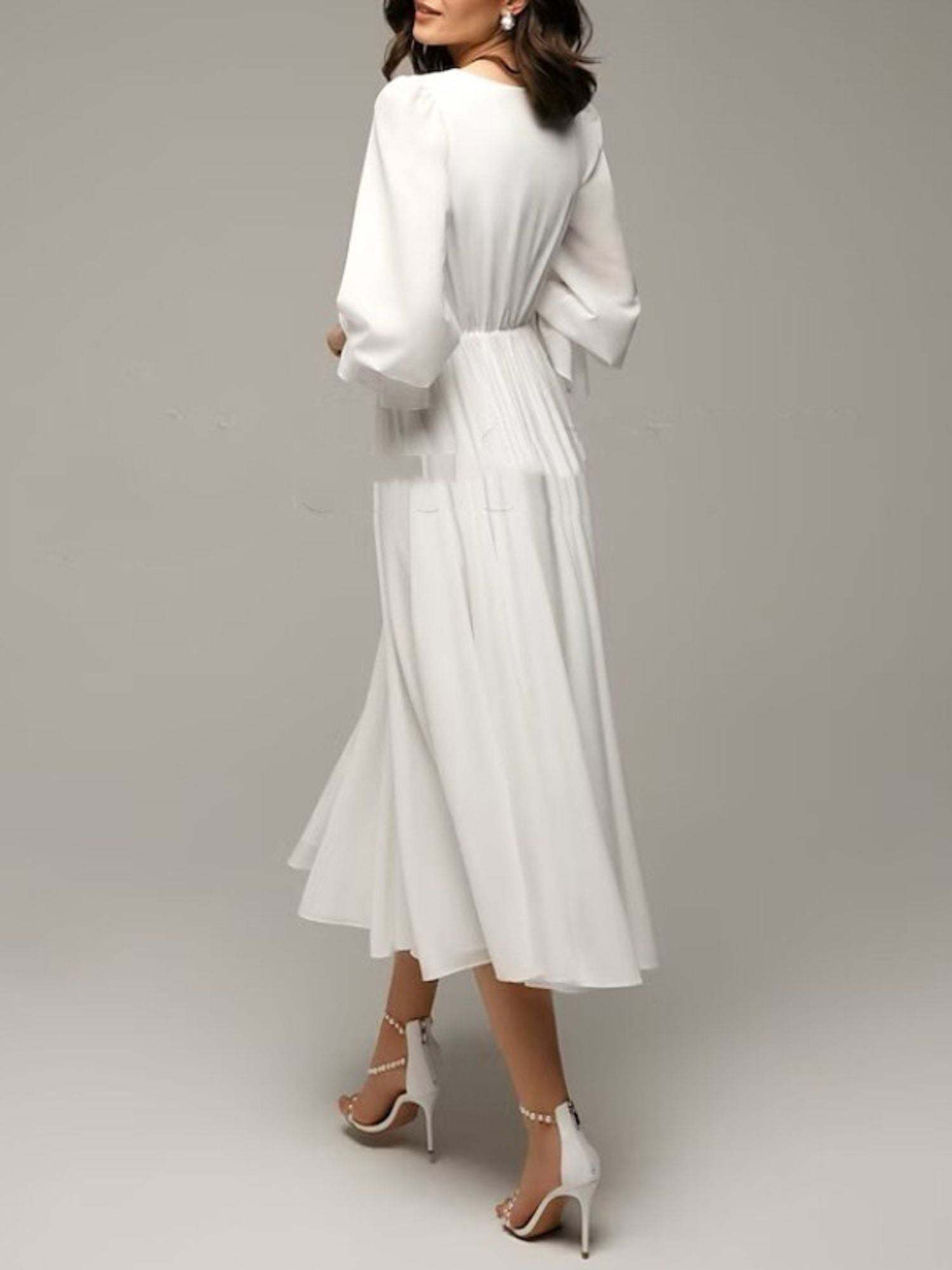 Elegant V-Neck A-Line Wedding Dress with 3/4 Sleeves and Ruffle Details