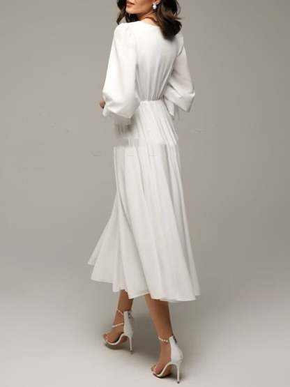 Elegant V-Neck A-Line Wedding Dress with 3/4 Sleeves and Ruffle Details