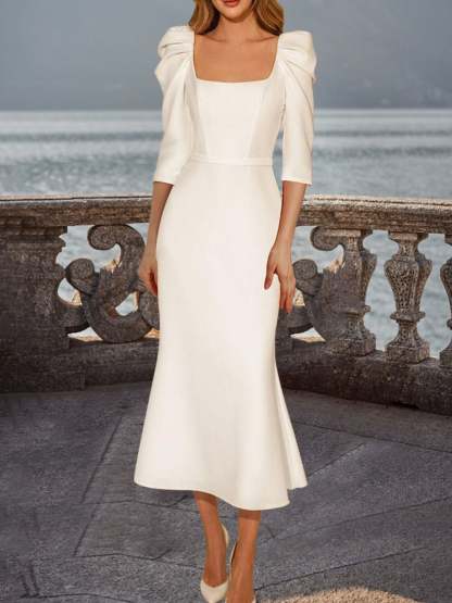 Elegant Tea-Length Wedding Dress with Square Neck and 3/4 Ruffled Sleeves