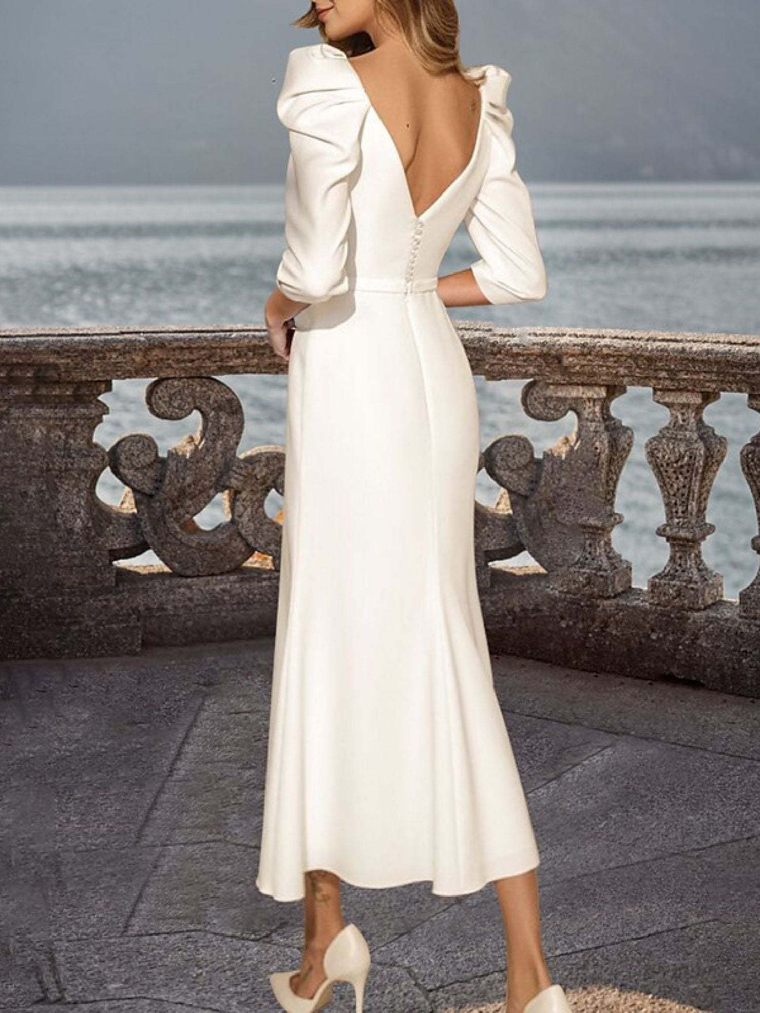 Elegant Tea-Length Wedding Dress with Square Neck and 3/4 Ruffled Sleeves