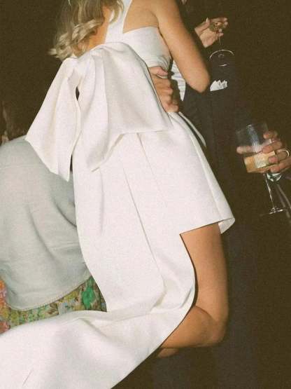 Square Neck Sleeveless Short Wedding Dress with Bow Tie Sheath/Column