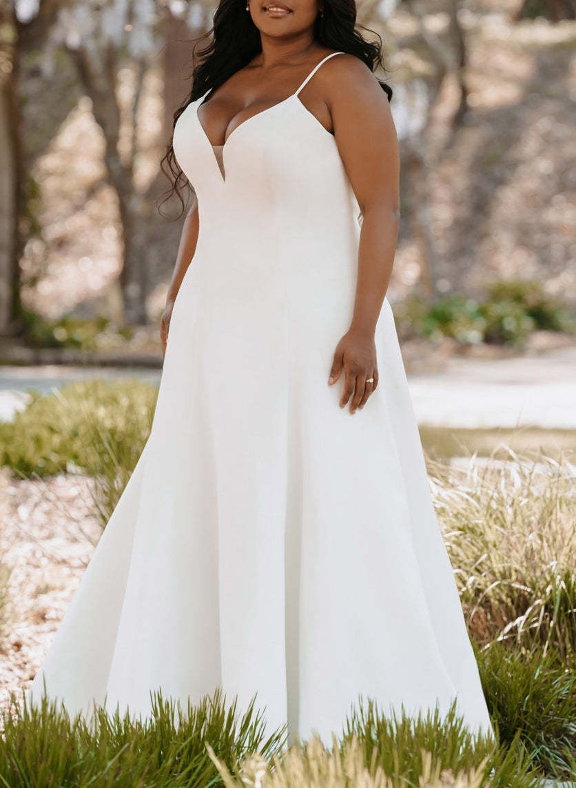 Plus Size V-Neck A-Line Princess Wedding Dress with Spaghetti Straps