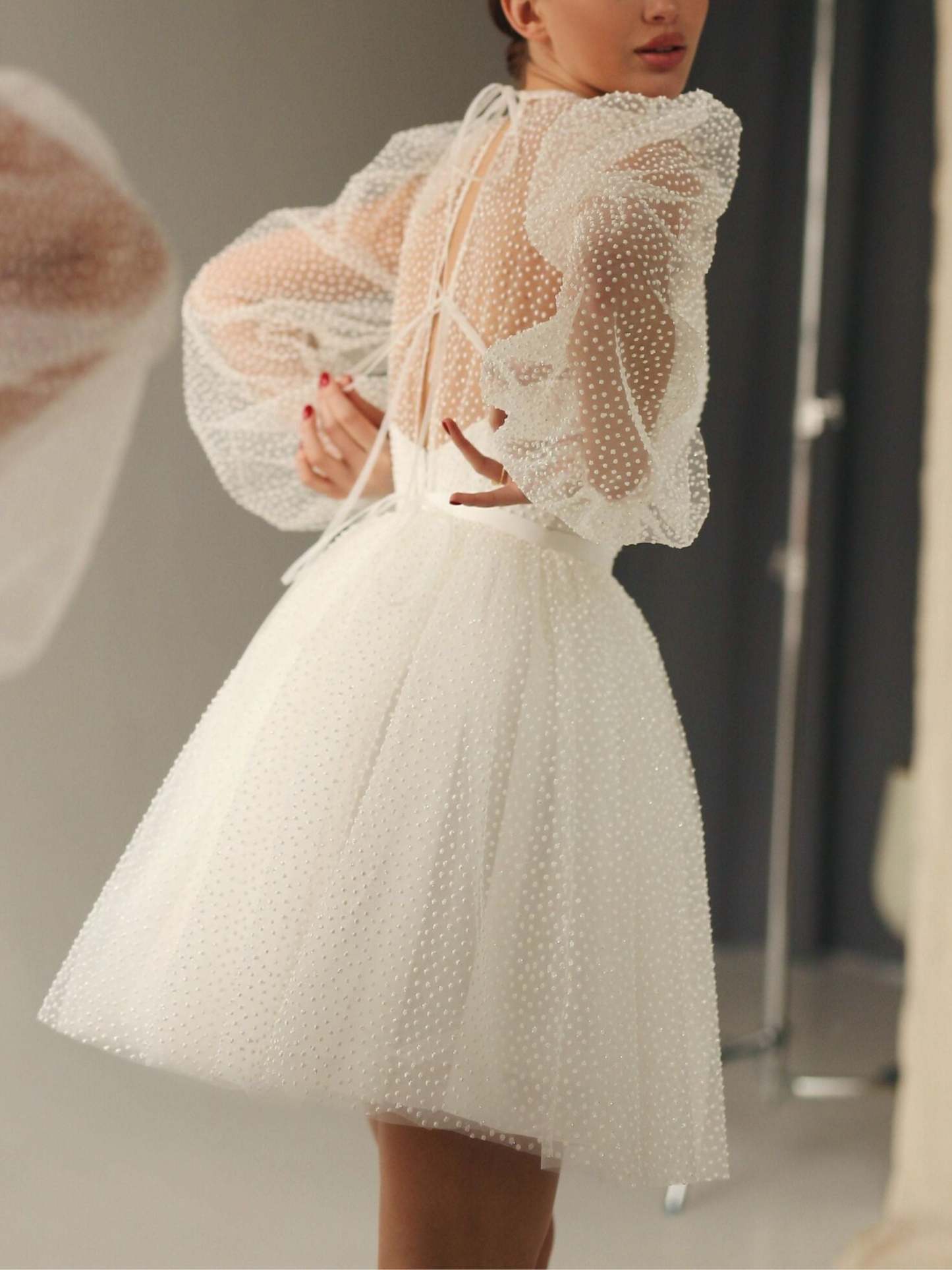 Sweetheart Princess A-Line Mini Wedding Dress with Long Sleeves and Dot Sequins