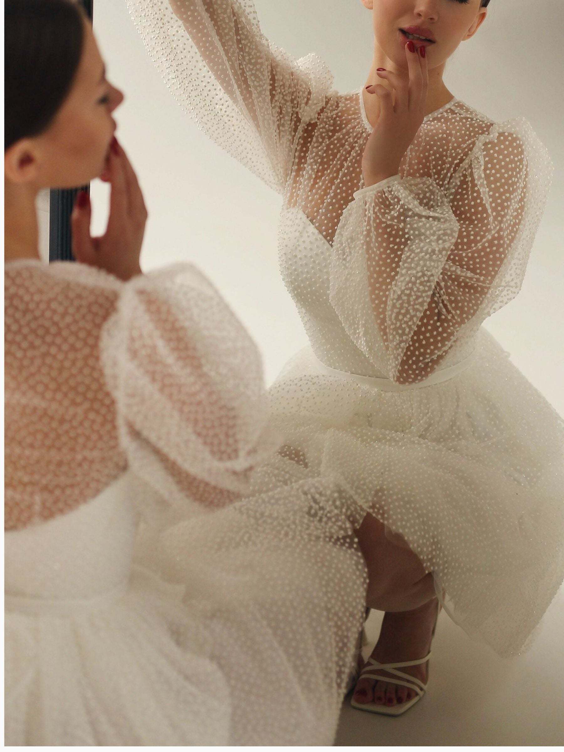 Sweetheart Princess A-Line Mini Wedding Dress with Long Sleeves and Dot Sequins