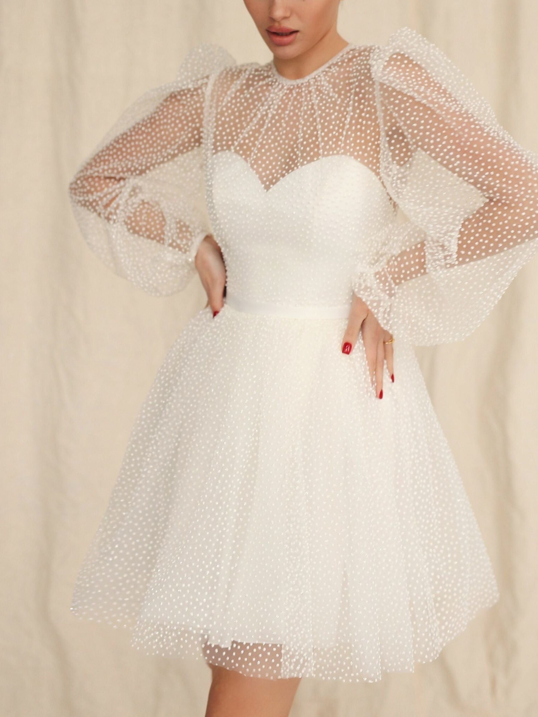 Sweetheart Princess A-Line Mini Wedding Dress with Long Sleeves and Dot Sequins