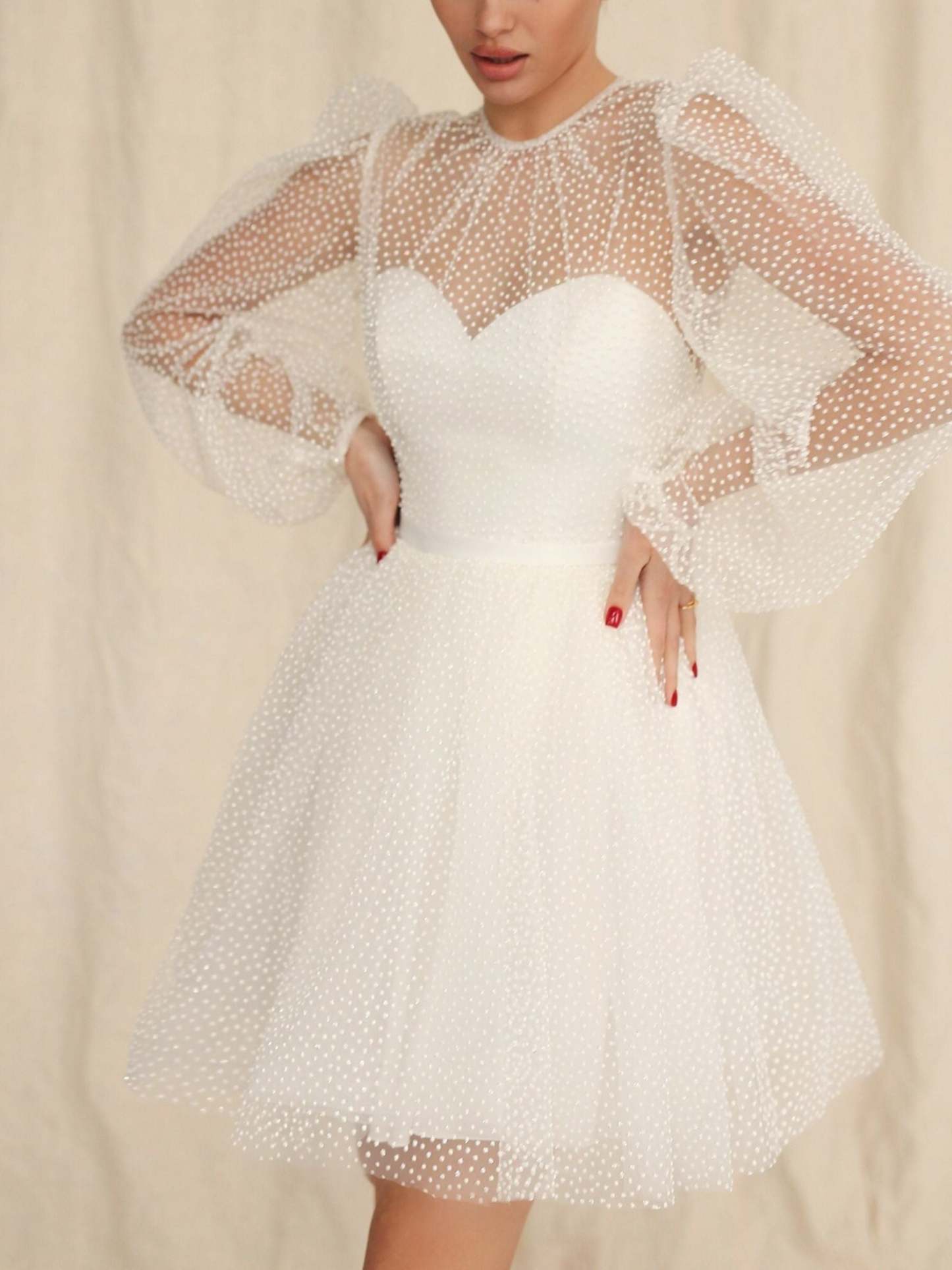 Sweetheart Princess A-Line Mini Wedding Dress with Long Sleeves and Dot Sequins
