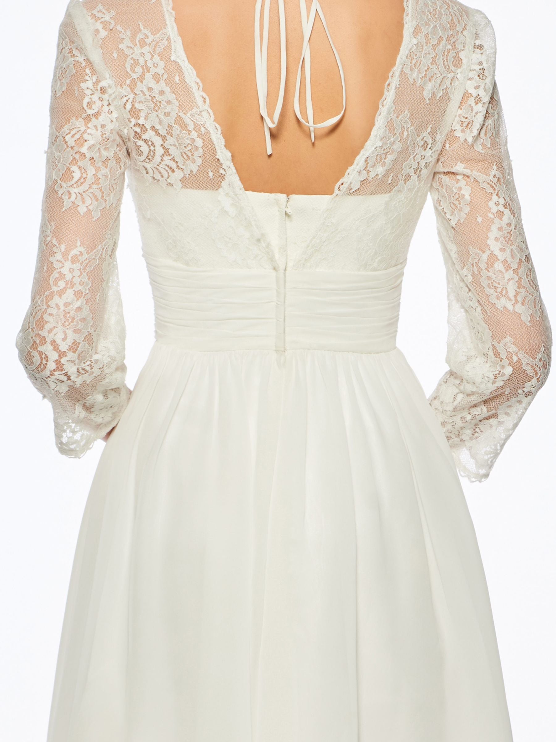 V-Neck A-Line Princess Wedding Dress with 3/4 Sleeves and Lace in Tea Length