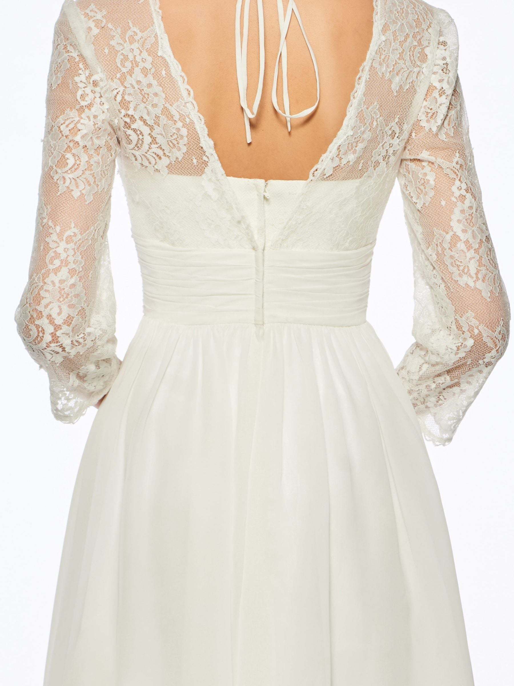 V-Neck A-Line Princess Wedding Dress with 3/4 Sleeves and Lace in Tea Length