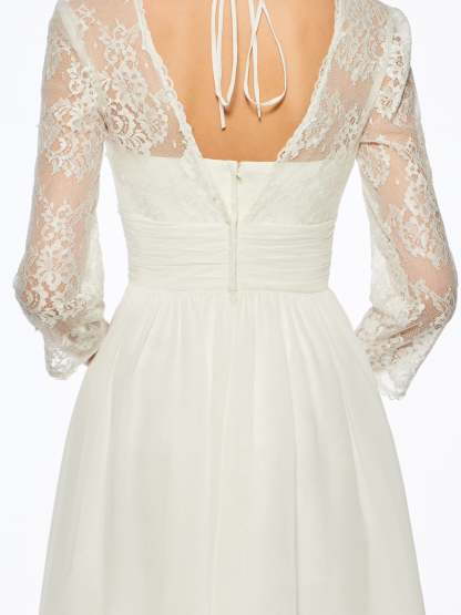 V-Neck A-Line Princess Wedding Dress with 3/4 Sleeves and Lace in Tea Length