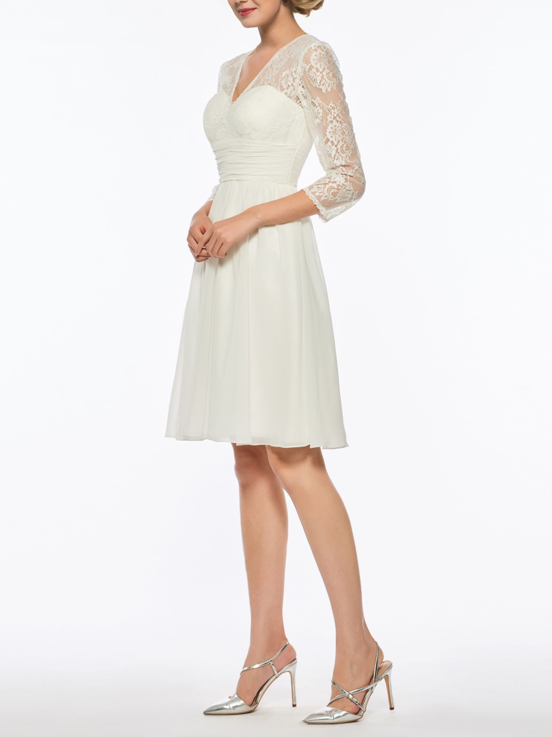 V-Neck A-Line Princess Wedding Dress with 3/4 Sleeves and Lace in Tea Length
