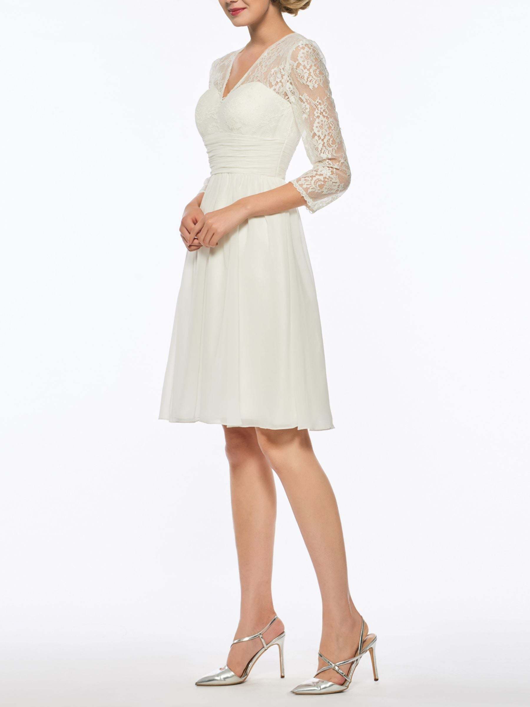 V-Neck A-Line Princess Wedding Dress with 3/4 Sleeves and Lace in Tea Length