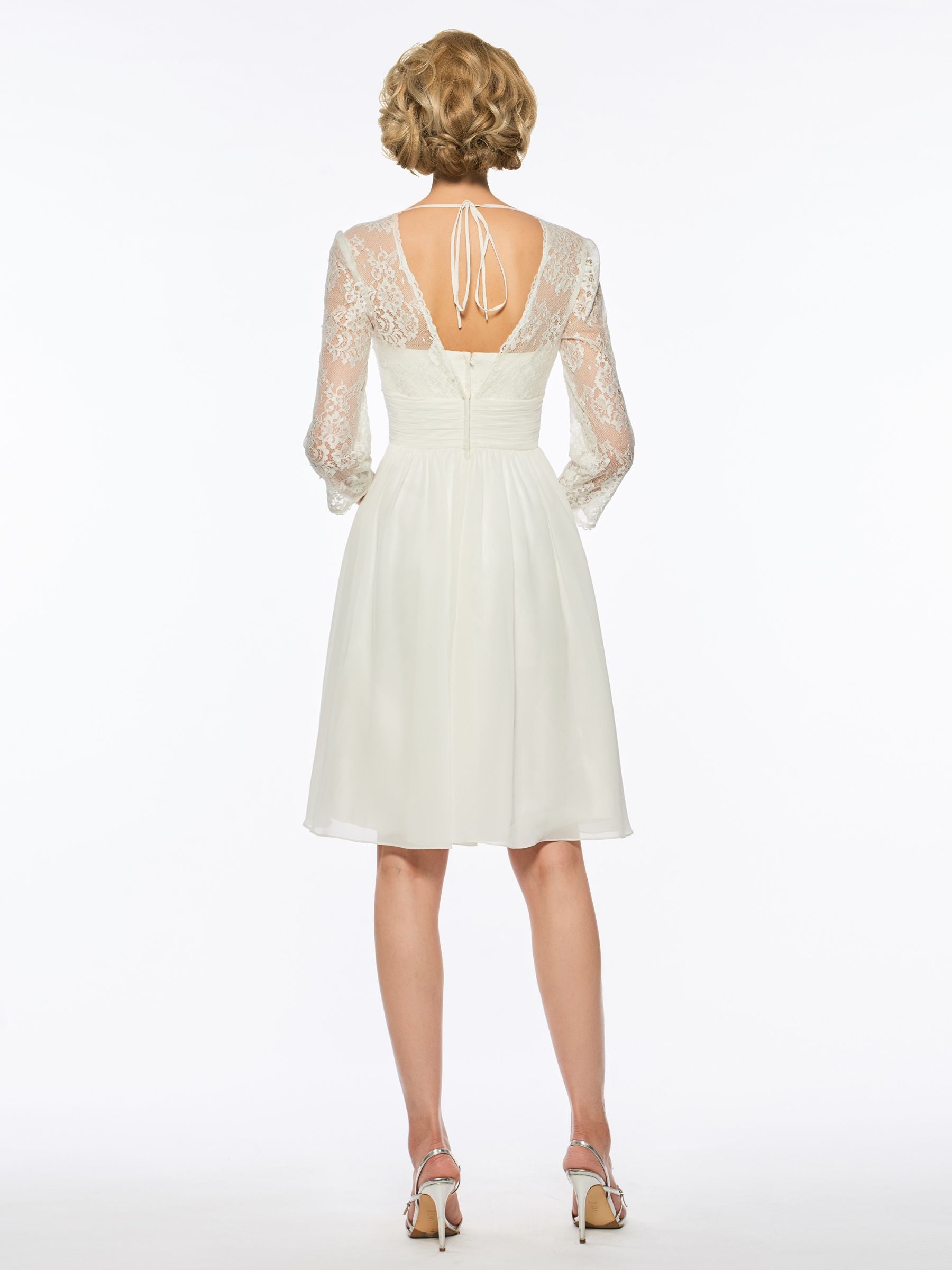 V-Neck A-Line Princess Wedding Dress with 3/4 Sleeves and Lace in Tea Length