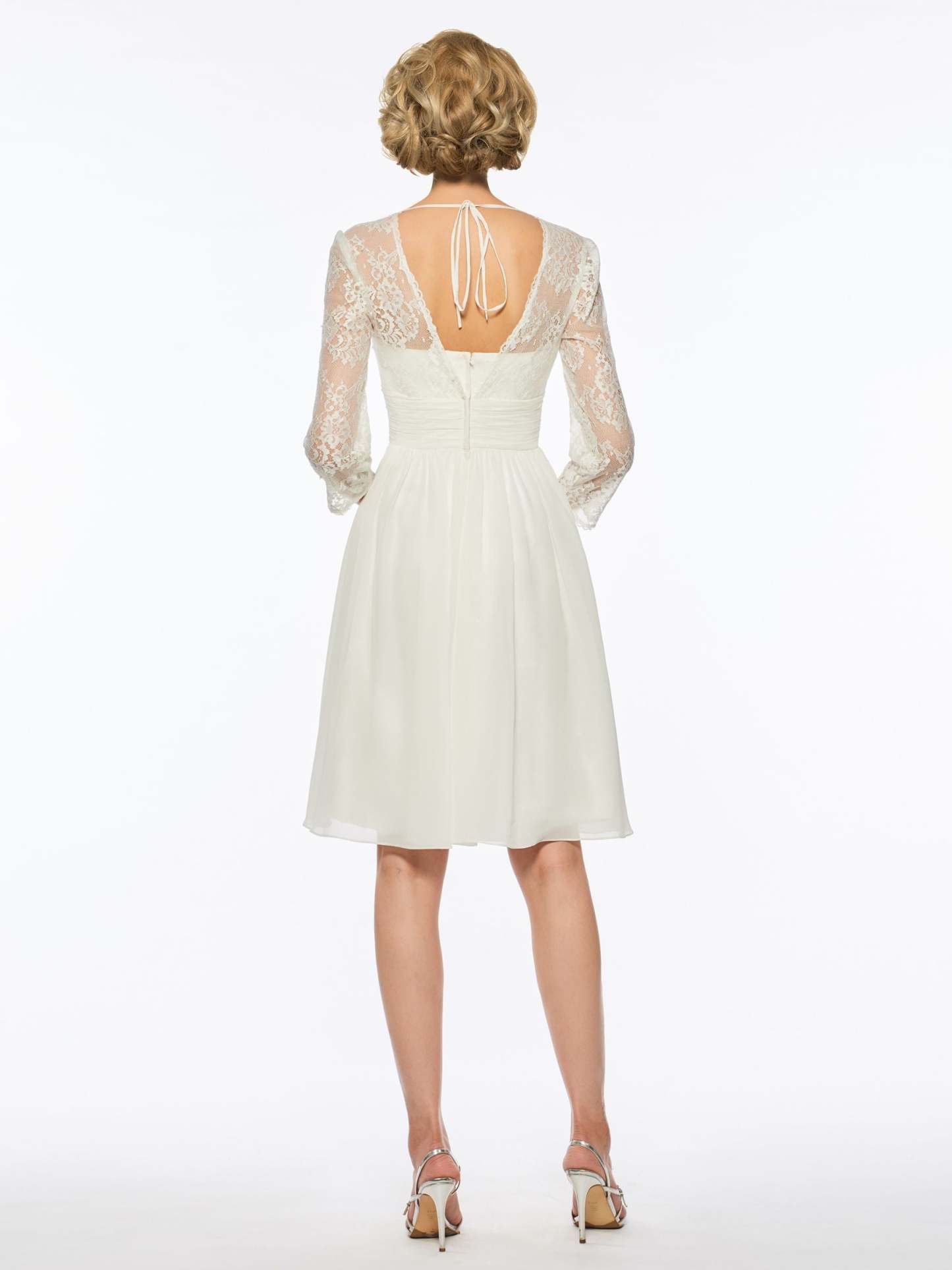 V-Neck A-Line Princess Wedding Dress with 3/4 Sleeves and Lace in Tea Length