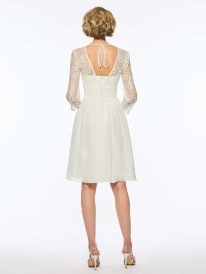 V-Neck A-Line Princess Wedding Dress with 3/4 Sleeves and Lace in Tea Length